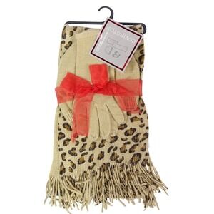 Covington Womens Leopard Print 3 Piece Hat Scarf and Gloves Set Gold Metallic